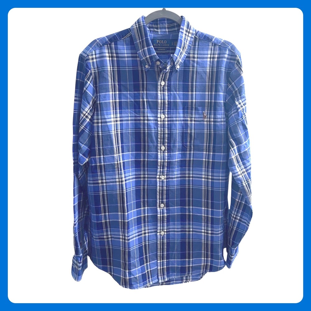 Polo‎ Ralph Lauren Classic Fit Plaid Button Down Shirt Men's Sz. L Blue White